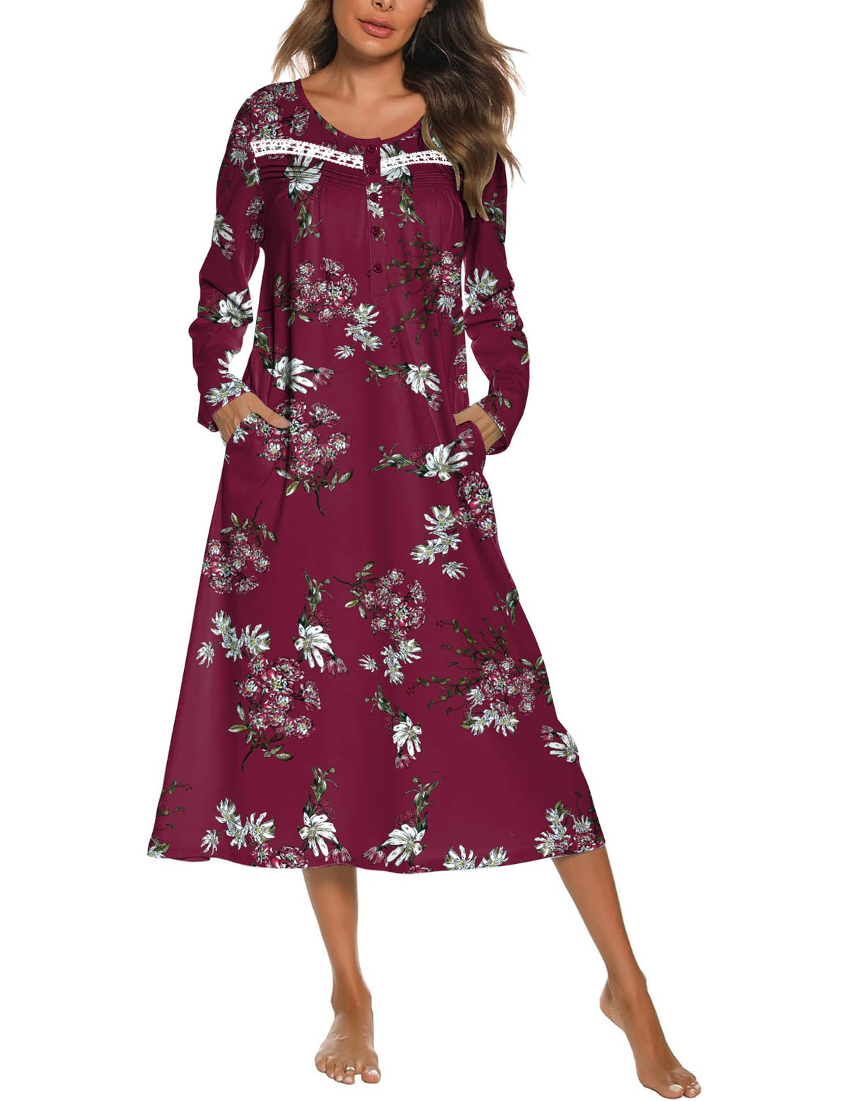 Ekouaer Long Sleeve Nightgown for Women Long Henley House Dress with Pocket