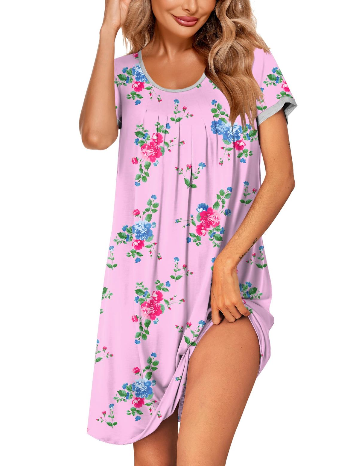 Ekouaer Womens Nightgown Short Sleeve Sleepwear Soft Pleated Sleepshirt