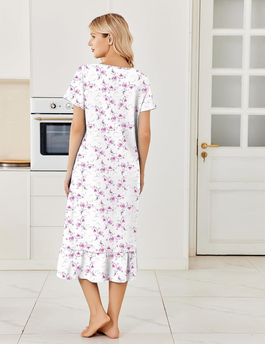 Ekouaer Cotton Long Nightgowns for Women Short Sleeve Button House Dress