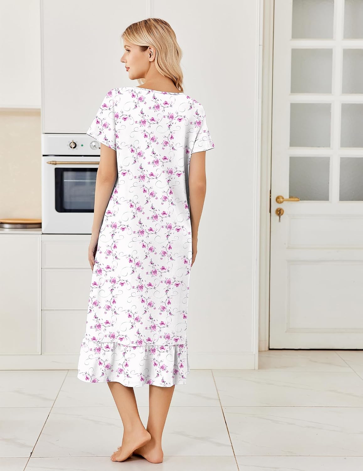 Ekouaer Cotton Long Nightgowns for Women Short Sleeve Button House Dress