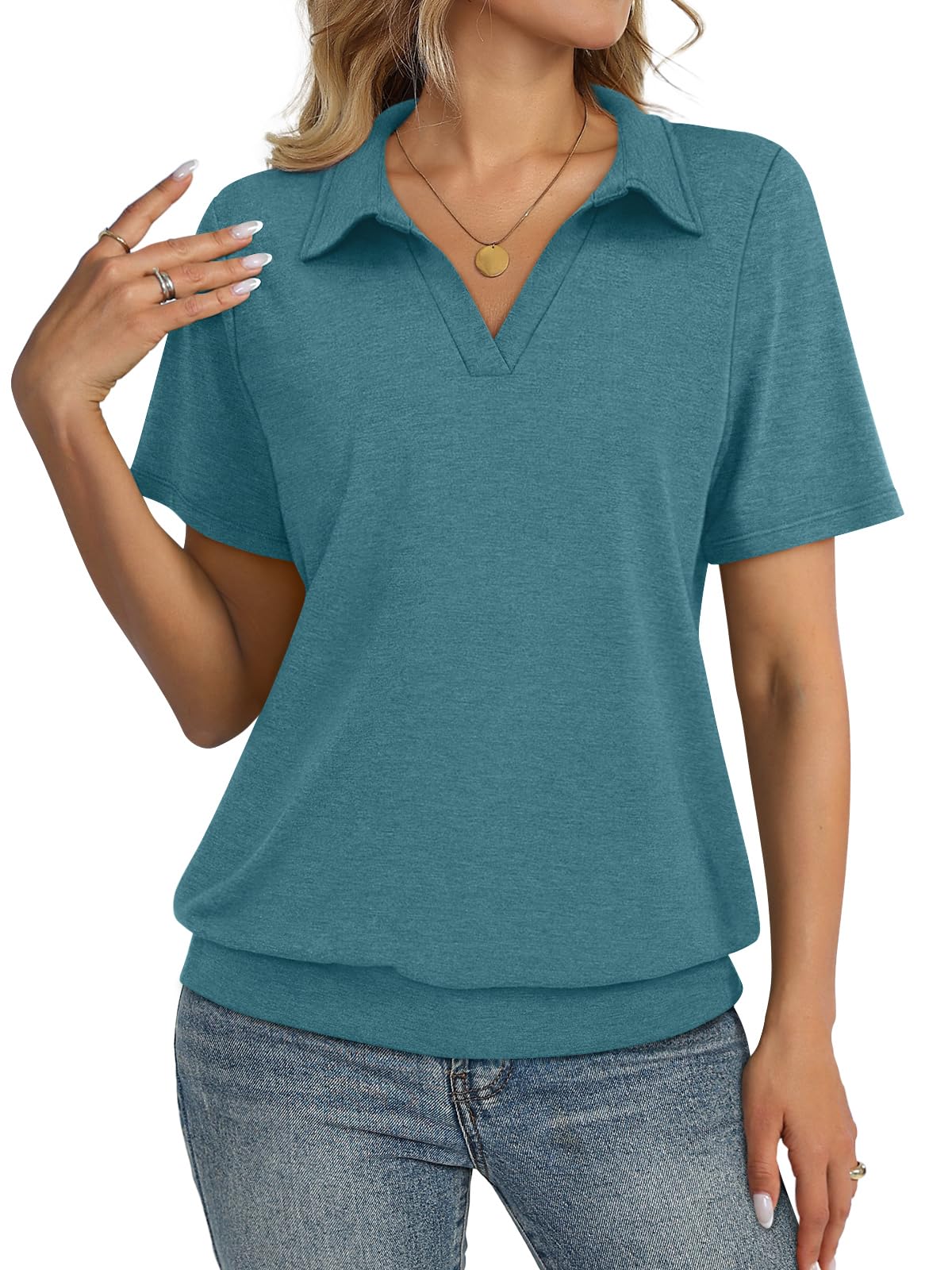 TICTICMISS Womens Polo Shirts Short Sleeve Banded Bottom Tops Business