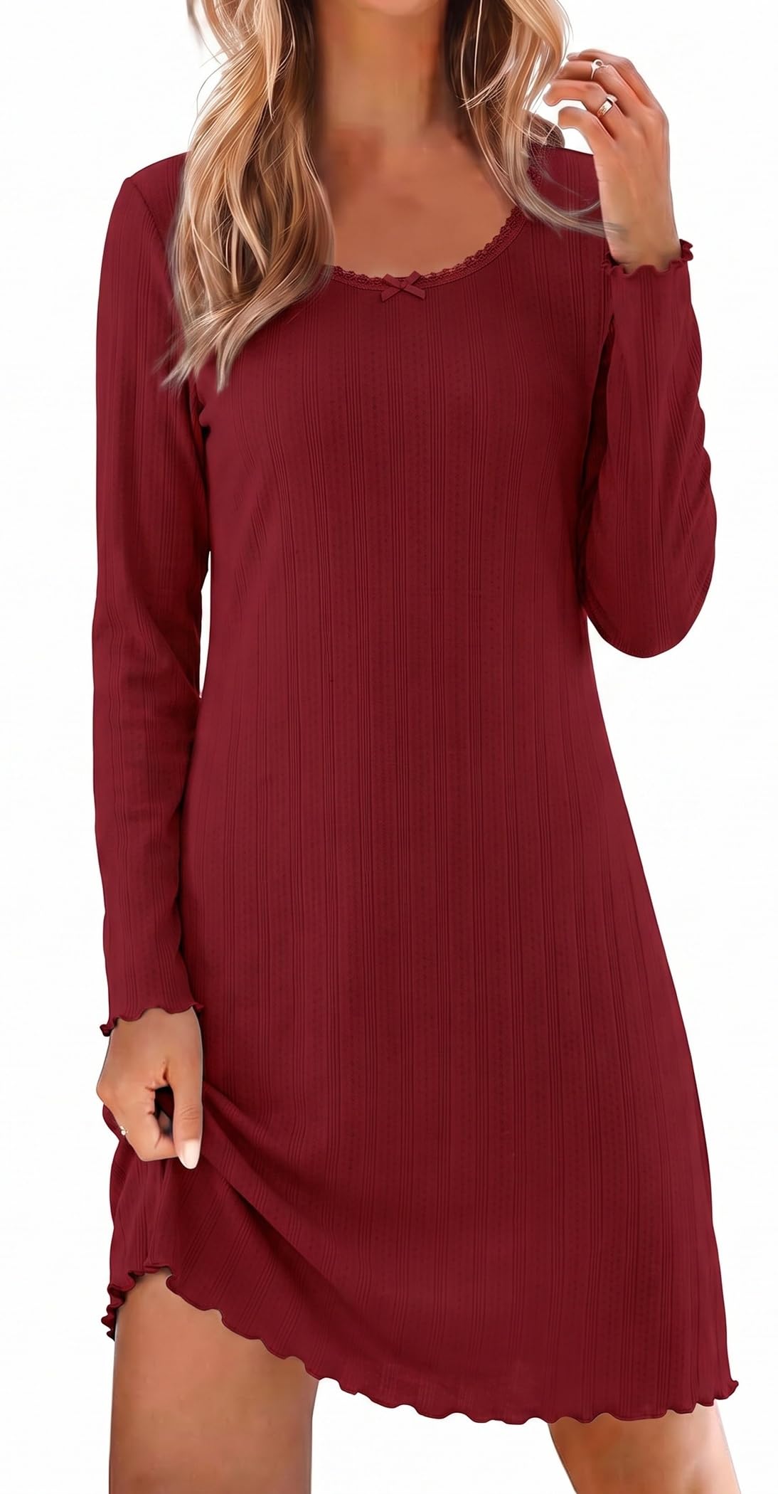 Ekouaer Women's Long Sleeve Nightgown Soft Ribbed Sleep Dress Night Shirt