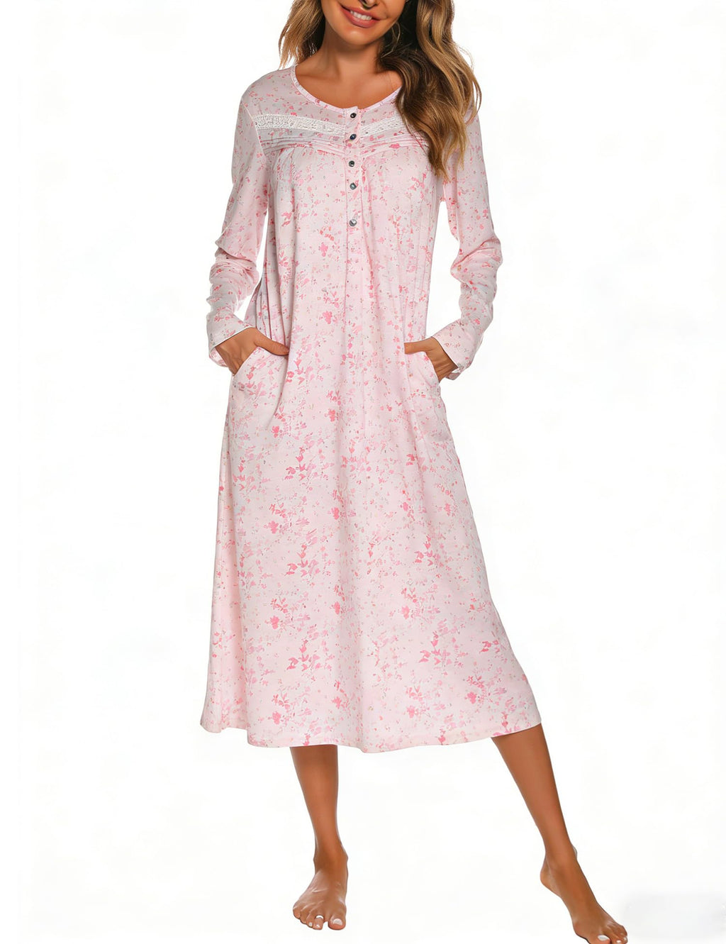 YOZLY Nightgowns for Women Soft Cotton Long Sleeve Night Gwon with Pockets