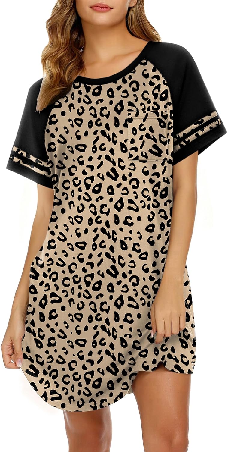 Ekouaer Nightgowns for Women Color Block Sleep Shirt Short Sleeve Sleepwear