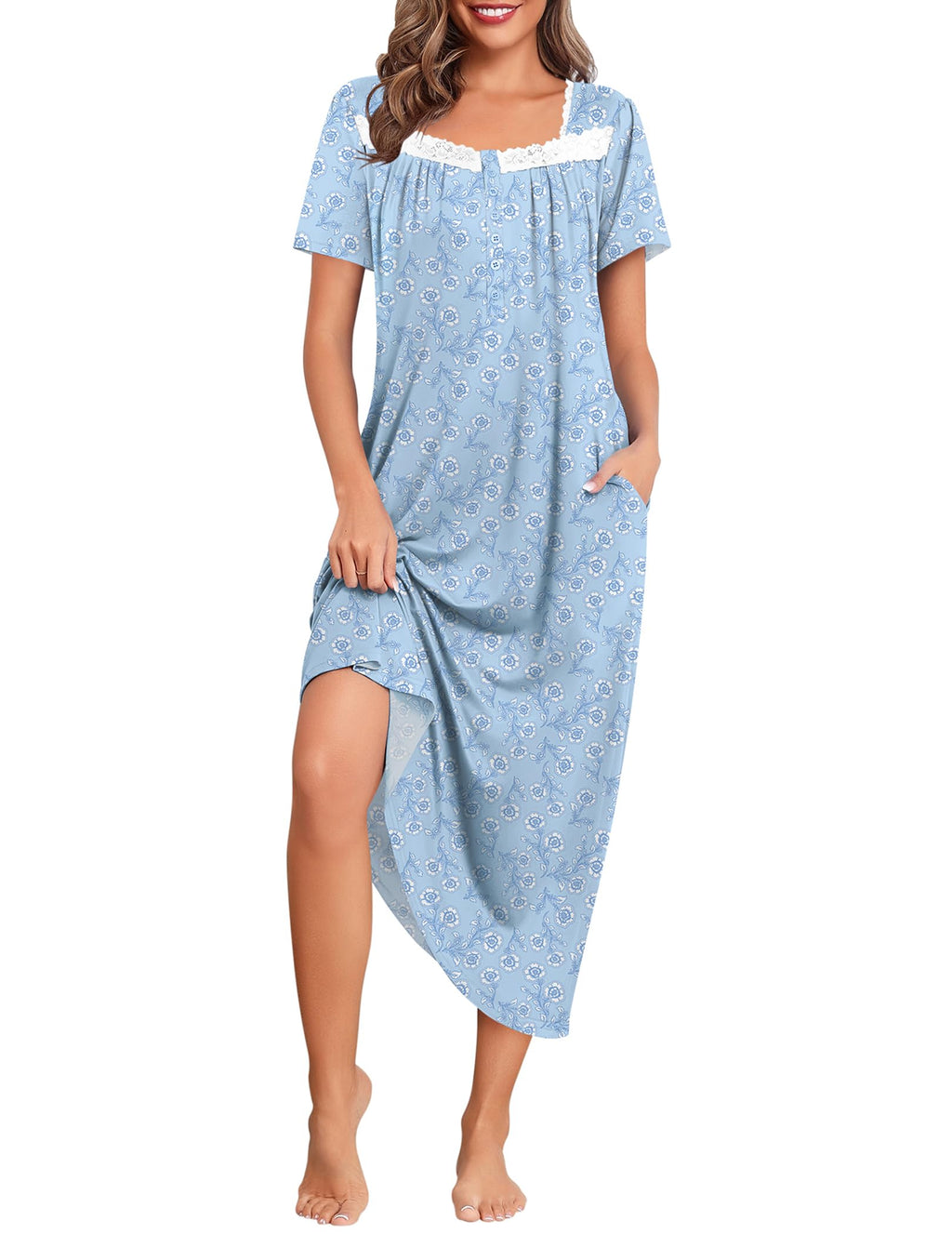 Ekouaer Long Nightgowns for Women Short Sleeve House Dress with Pockets
