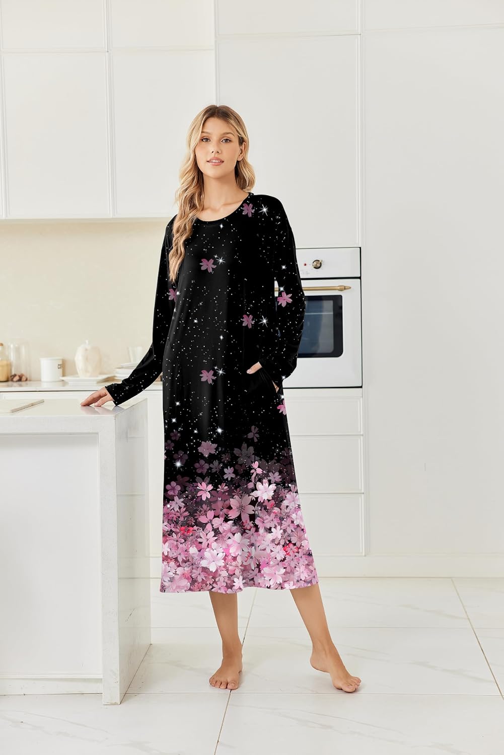 Ekouaer 2 Pack Long Nightgowns for Women Long Sleeve Nightgown with Pocket