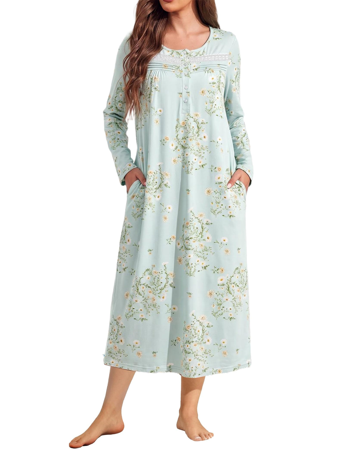 Ekouaer Long Sleeve Nightgown for Women Long Henley House Dress with Pocket