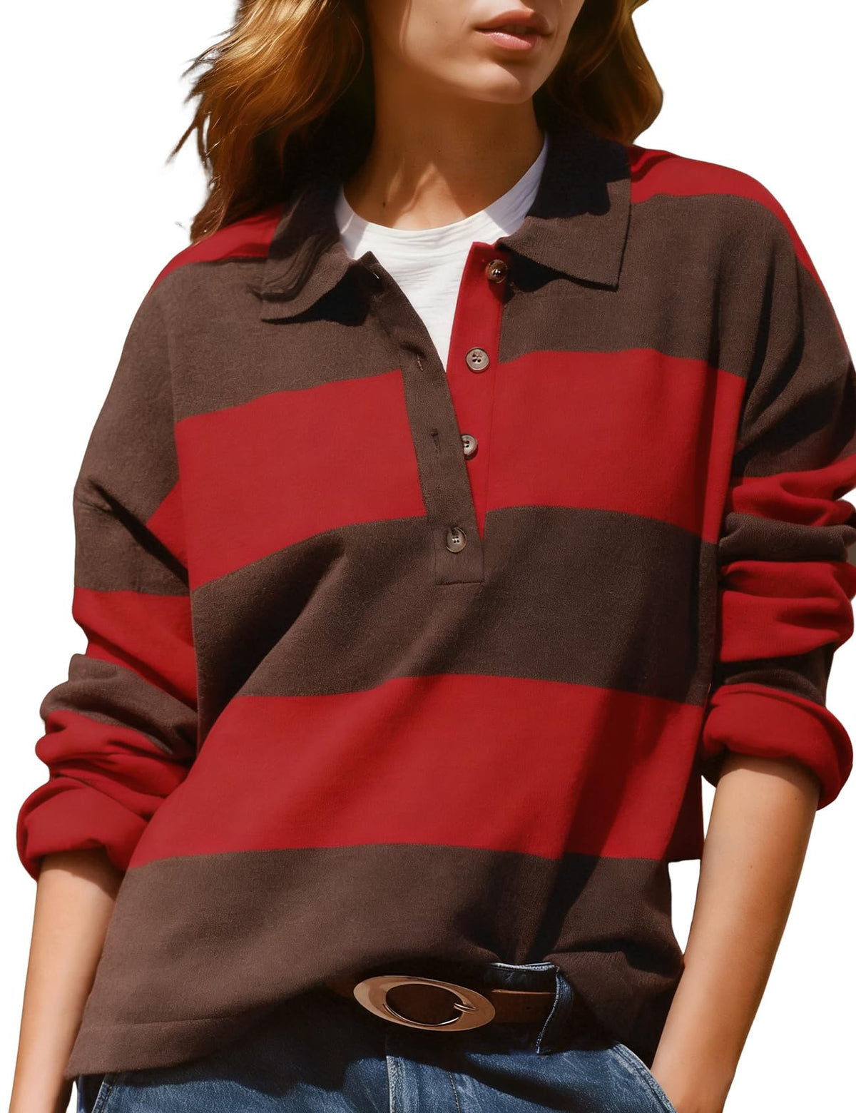 Wyeysyt Polo Sweater Women Rugby Shirt Striped Collared Sweaters