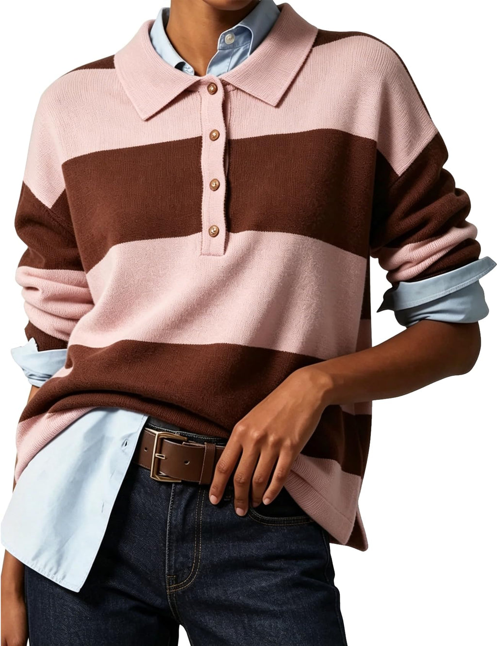 Wyeysyt Polo Sweater Women Rugby Shirt Striped Collared Sweaters