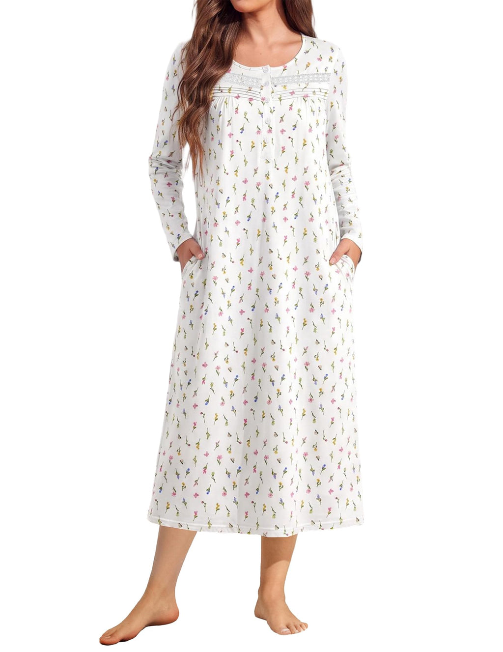 Ekouaer Long Sleeve Nightgown for Women Long Henley House Dress with Pocket
