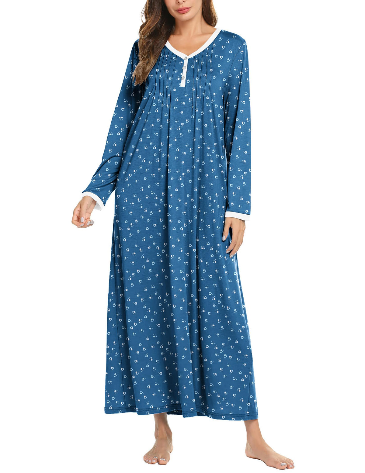 Ekouaer Women's Long Sleeve Nightgown Full Length Sleepwear Long Sleepshirts Henley Sleep Dress