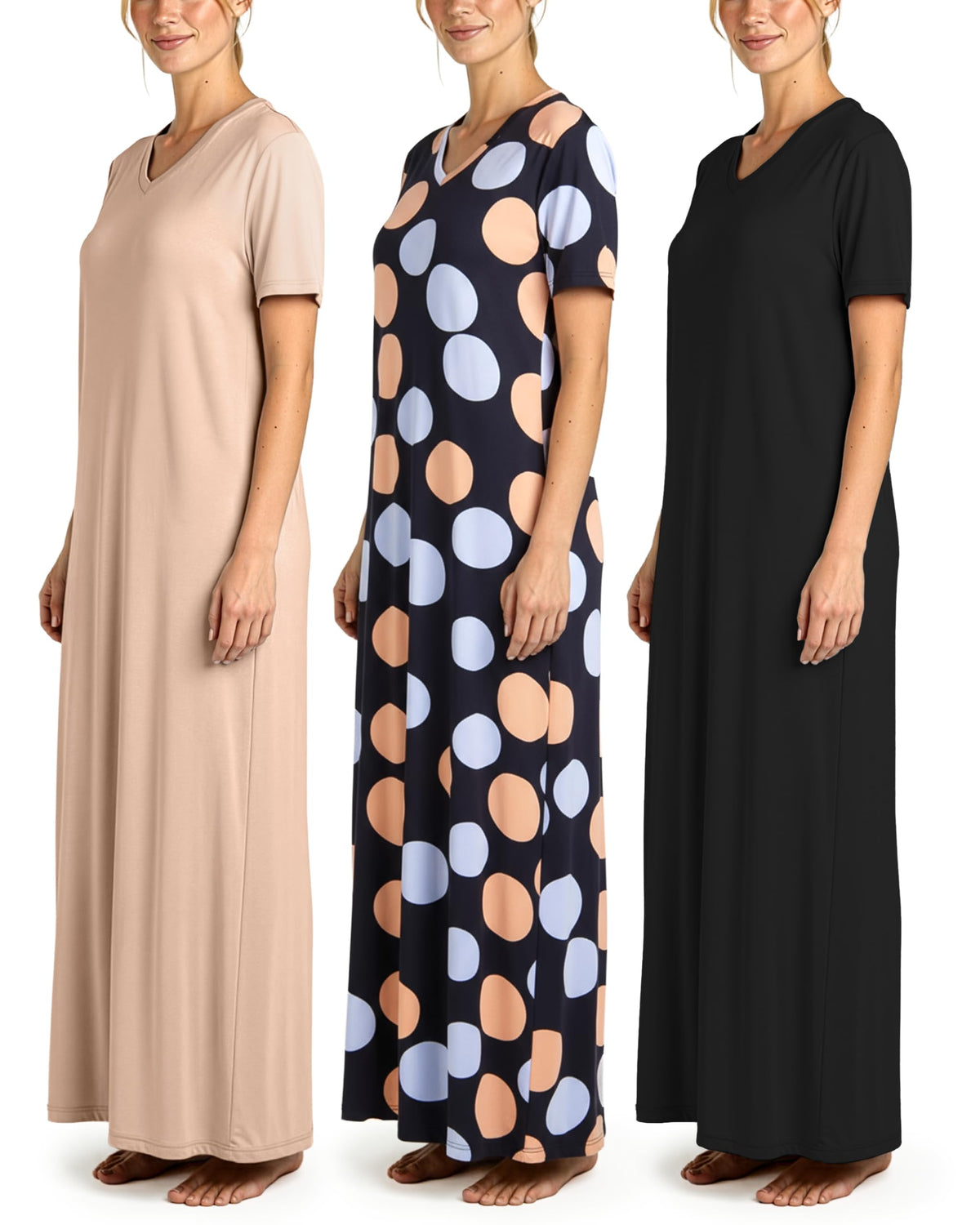 3 Pack Women's Maxi Long Nightgowns Short Sleeve Night Shirt PJ Sleep Dress