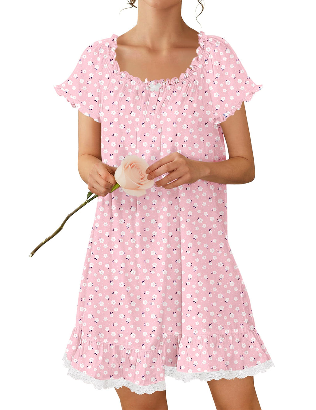 Ekouaer Cotton Nightgowns for Women Short Sleeve Victorian Night Gowns
