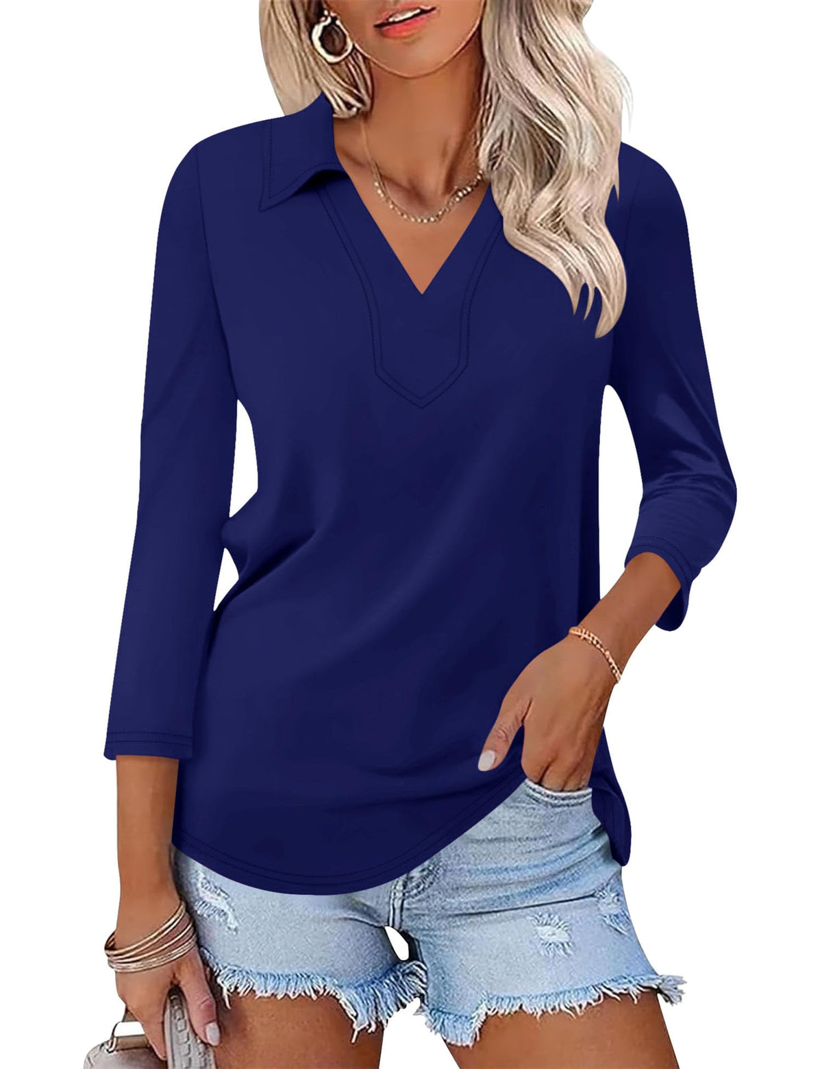 LOMON 3/4 Sleeve Womens Tops Summer Collared Polo Shirts V Neck Polos Tees