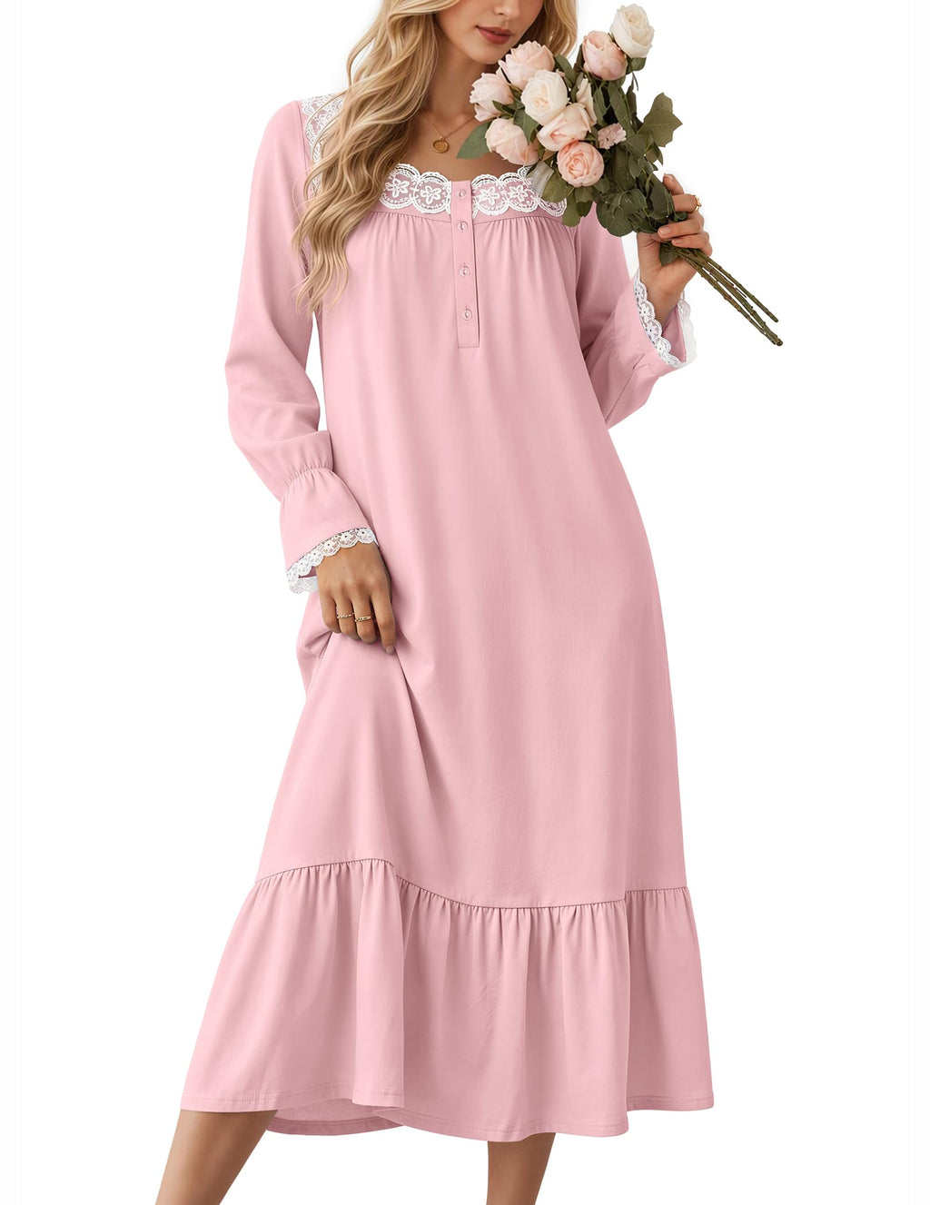 Ekouaer Cotton Nightgowns for Women Long Sleeve Night Gown Lace Sleepwear