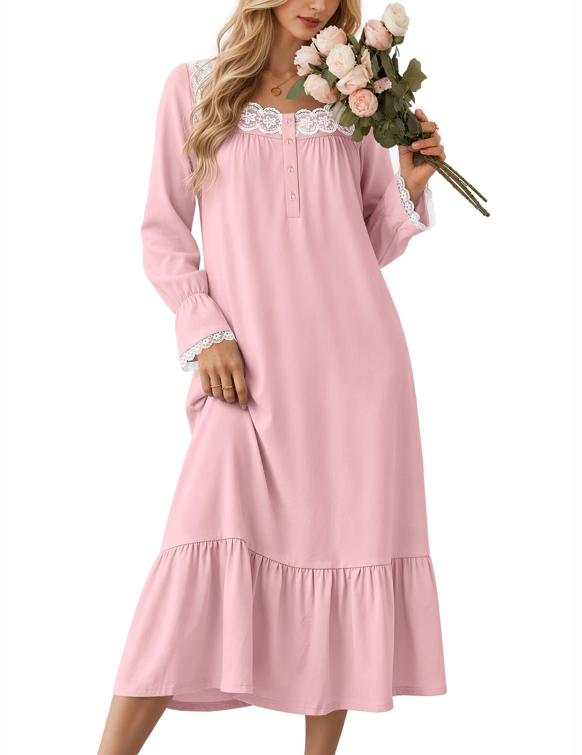 Ekouaer Cotton Nightgowns for Women Long Sleeve Night Gown Lace Sleepwear