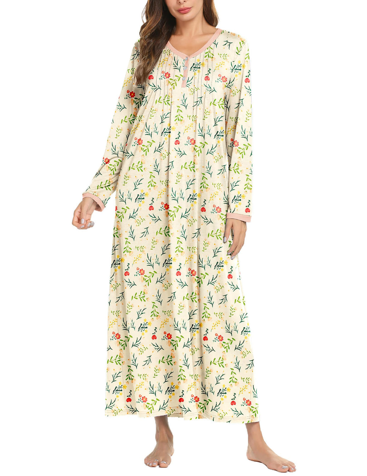 Ekouaer Women's Long Sleeve Nightgown Full Length Sleepwear Long Sleepshirts Henley Sleep Dress