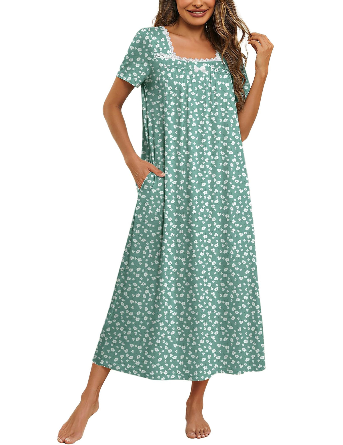 Ekouaer Cotton Long Nightgowns for Women Vintage House Dress with Pockets