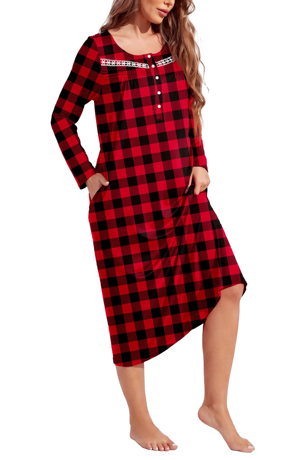 Ekouaer Long Sleeve Nightgown for Women Long Henley House Dress with Pocket