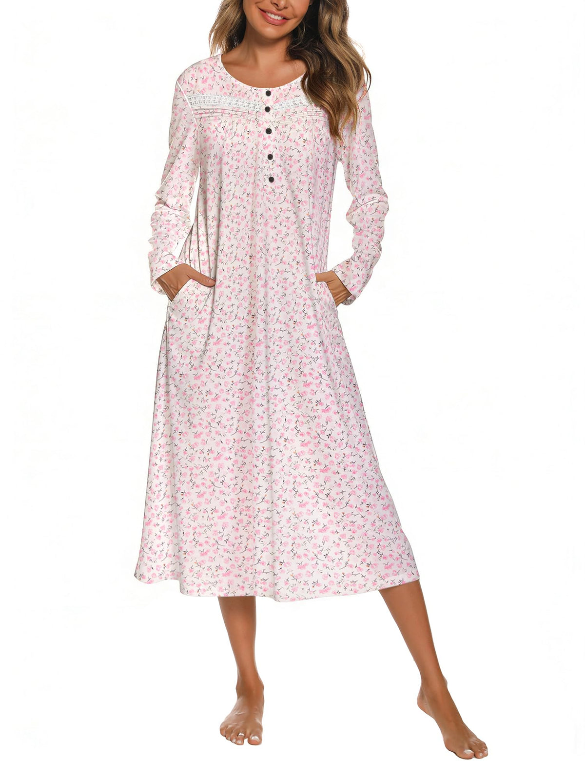 YOZLY Nightgowns for Women Soft Cotton Long Sleeve Night Gwon with Pockets