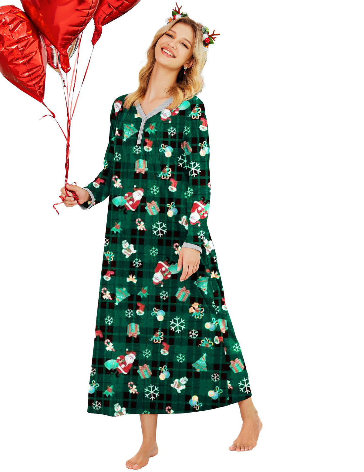 Ekouaer Women's Long Sleeve Nightgown Full Length Sleepwear Long Sleepshirts Henley Sleep Dress