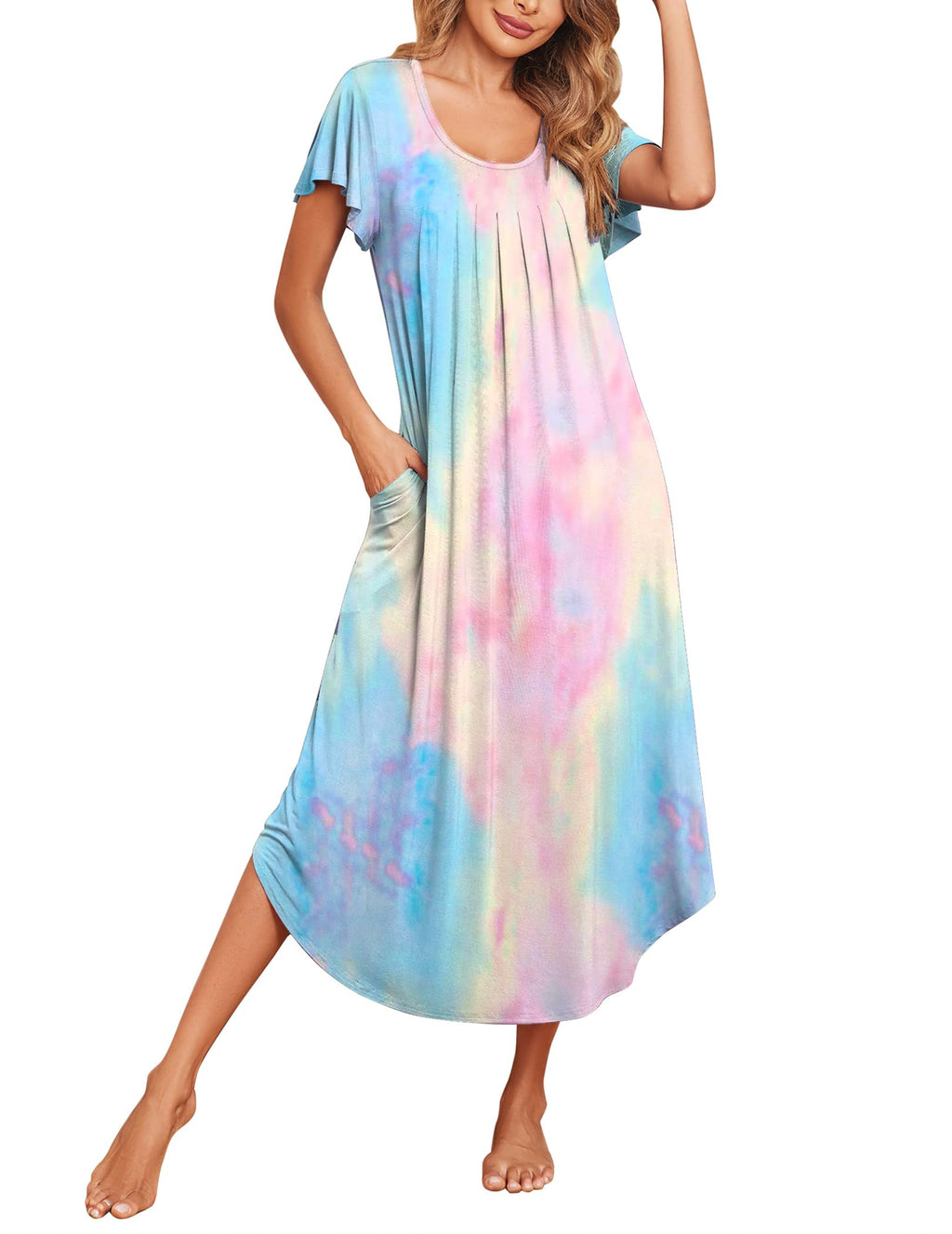 Ekouaer Long Nightgowns for Women with Pockets Short Sleeves House Dresses