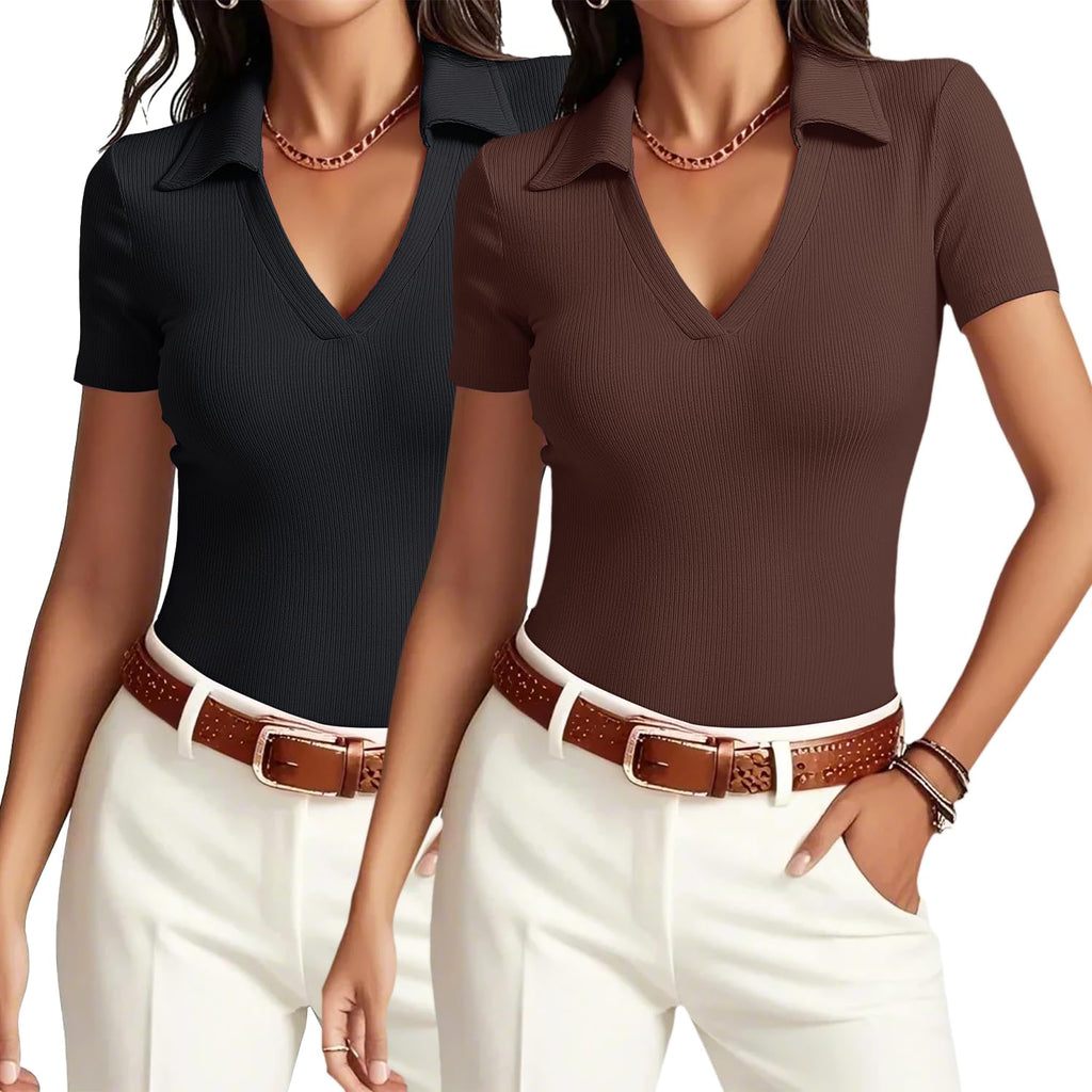 Meetrendi Womens Short Sleeve Work Shirt Summer V Neck Fitted Business Polo