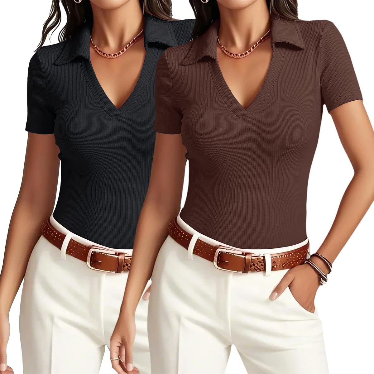 Meetrendi Womens Short Sleeve Work Shirt Summer V Neck Fitted Business Polo