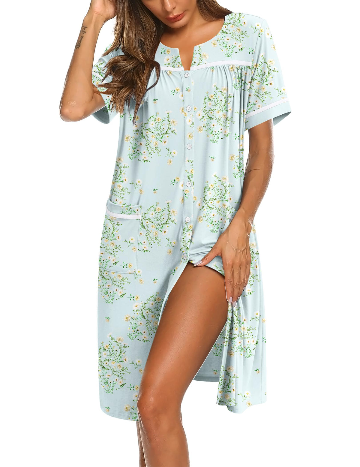 Ekouaer Nightgowns for Women House Dress with Pockets Button Down Sleepshirt Short Sleeve Nightshirt Housecoat