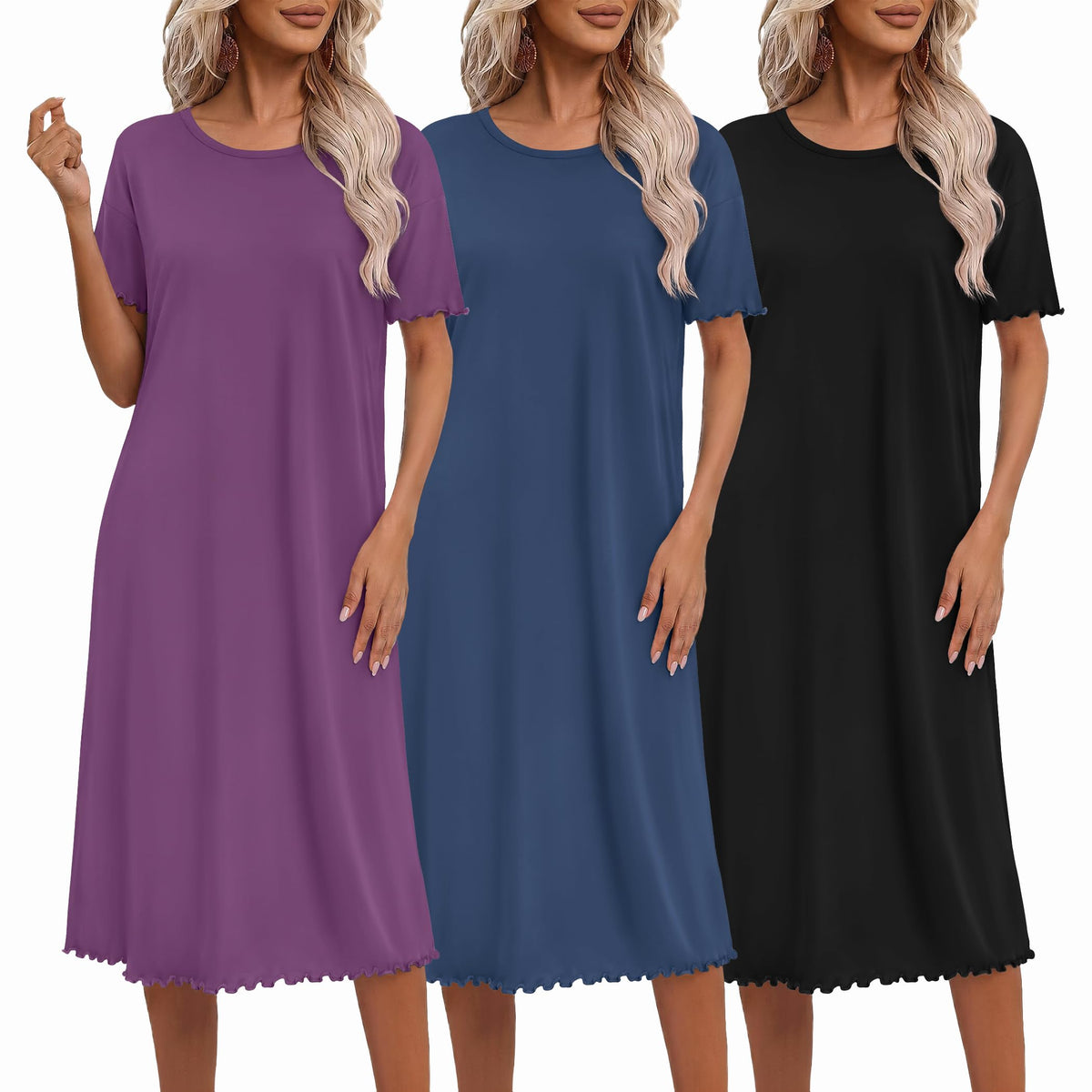 Ekouaer 3 Pack Long Nightgowns for Women Ruffle House Dress