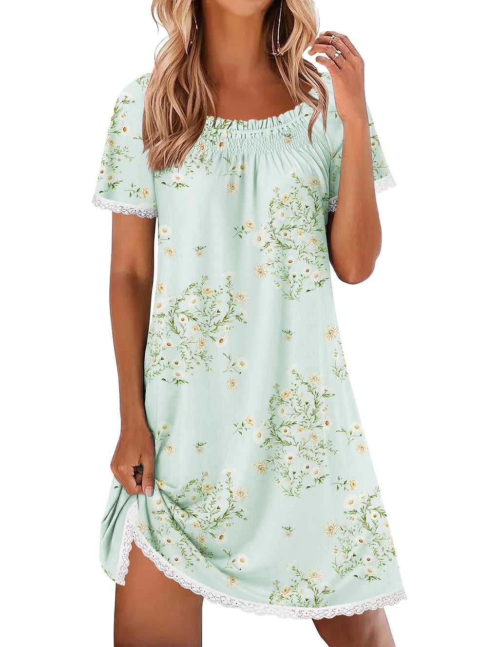 Ekouaer Cotton Nightgowns for Women Short Sleeve Pleated Sleep Shirts