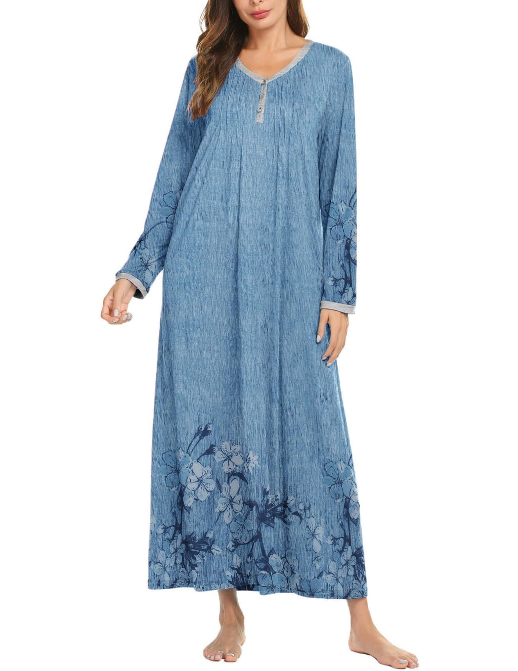 Ekouaer Women's Long Sleeve Nightgown Full Length Sleepwear Long Sleepshirts Henley Sleep Dress