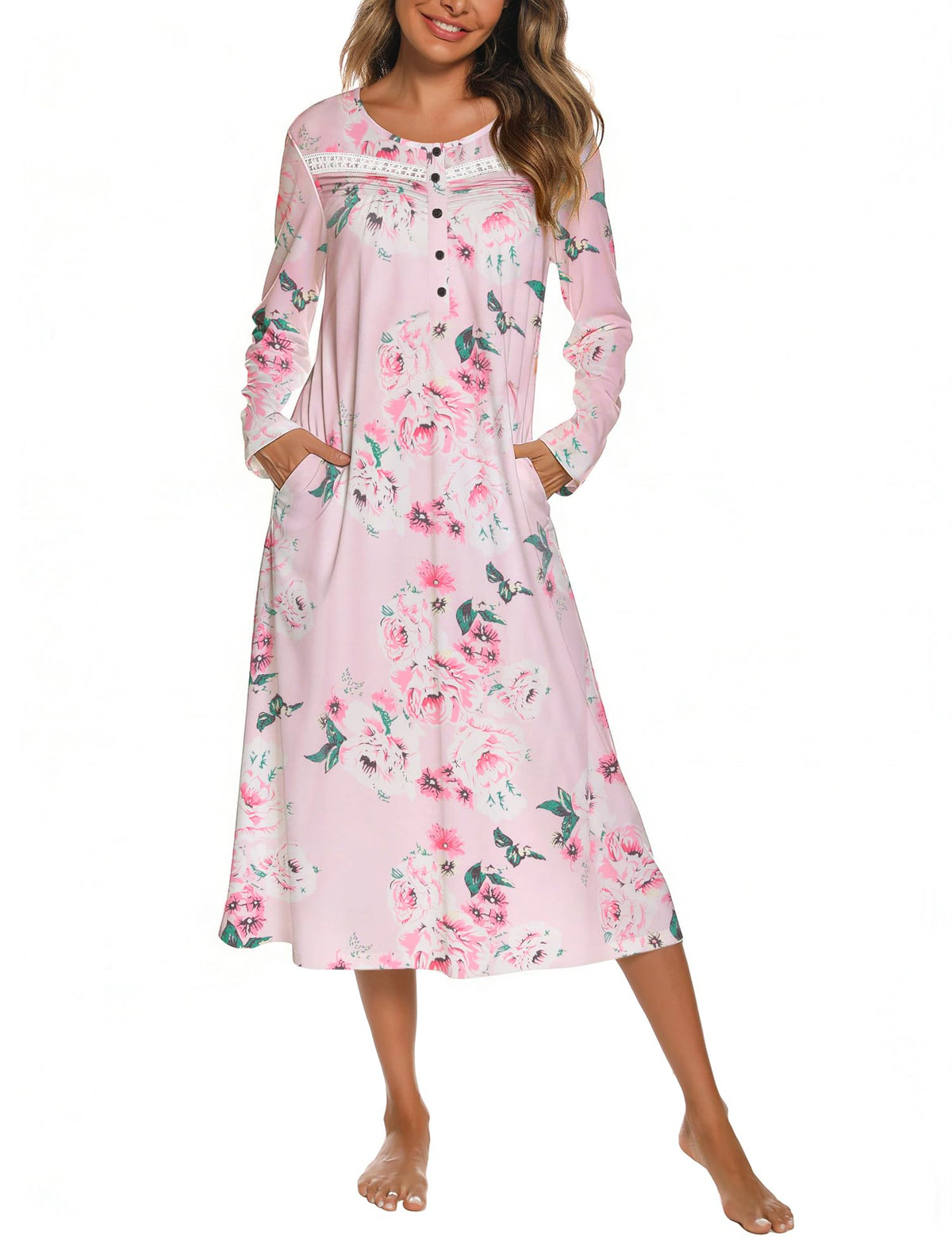 YOZLY Nightgowns for Women Soft Cotton Long Sleeve Night Gwon with Pockets