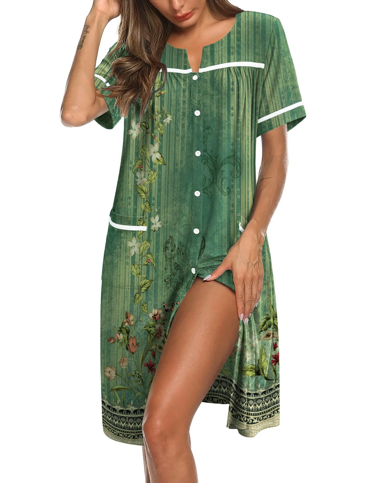 Ekouaer Nightgowns for Women House Dress with Pockets Button Down Sleepshirt Short Sleeve Nightshirt Housecoat