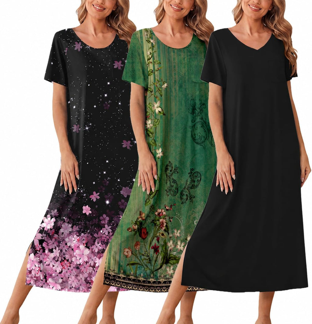 Ekouaer Long Nightgowns for Women 3 Pack Plus Size Short Sleeve House Dress