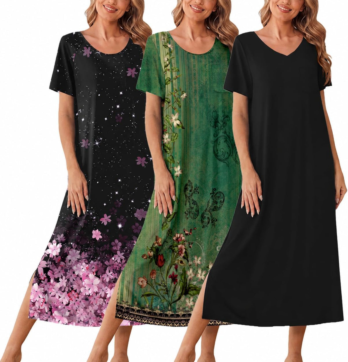 Ekouaer Long Nightgowns for Women 3 Pack Plus Size Short Sleeve House Dress