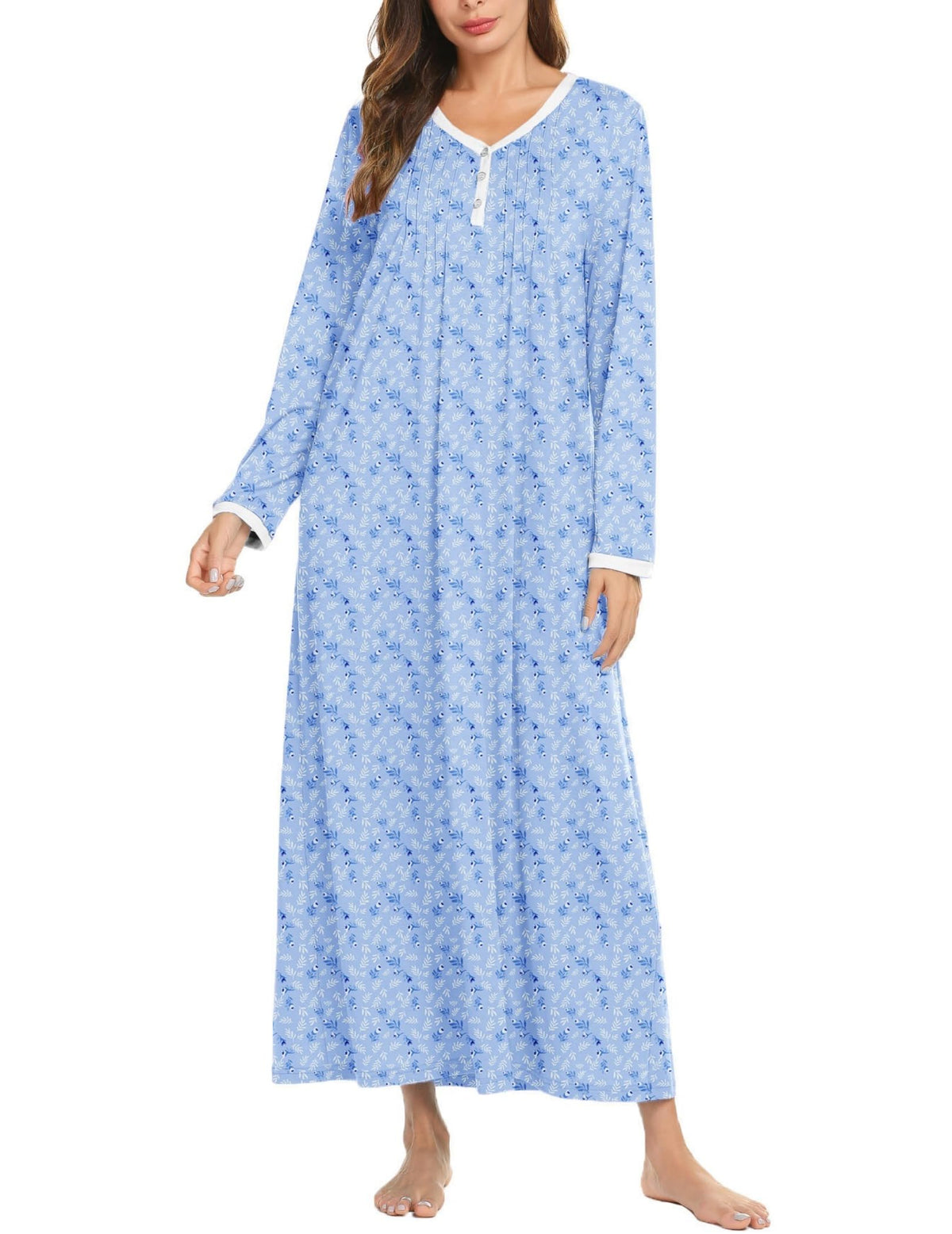 Ekouaer Women's Long Sleeve Nightgown Full Length Sleepwear Long Sleepshirts Henley Sleep Dress