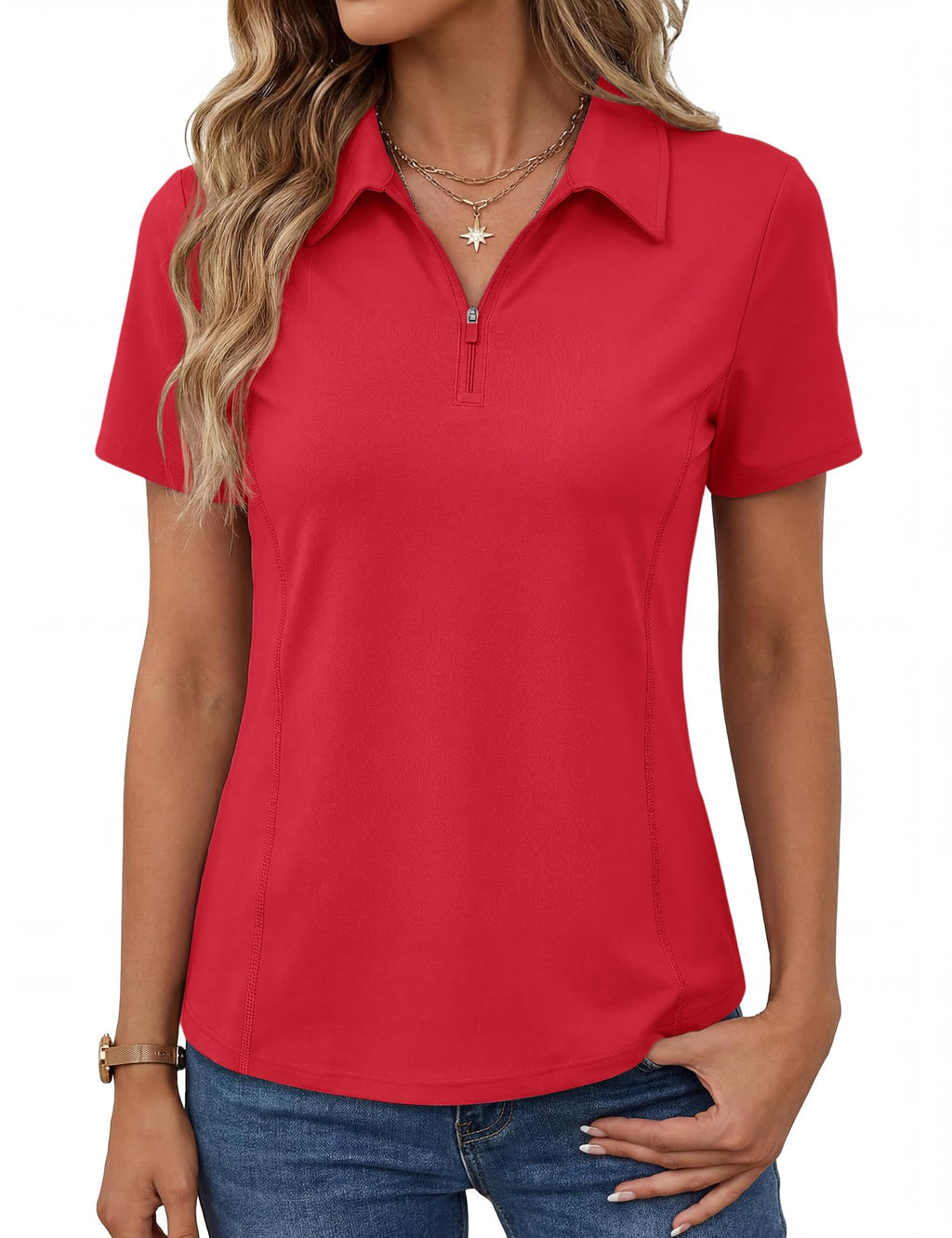 LOMON Women’s Short Sleeve Athletic Polo Shirt High Performance Stretch Quarter Zip Top for Golf Tennis