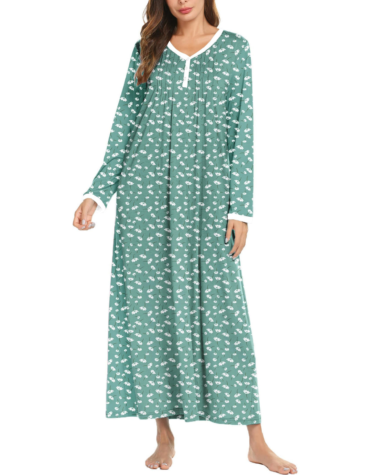 Ekouaer Women's Long Sleeve Nightgown Full Length Sleepwear Long Sleepshirts Henley Sleep Dress