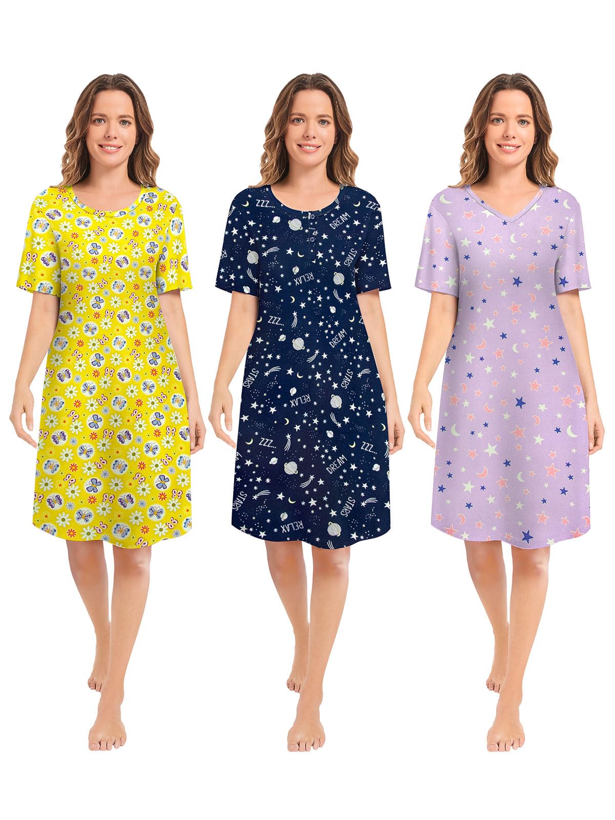 3 Pack Nightgowns for Women Summer Short Sleeve Night Gowns