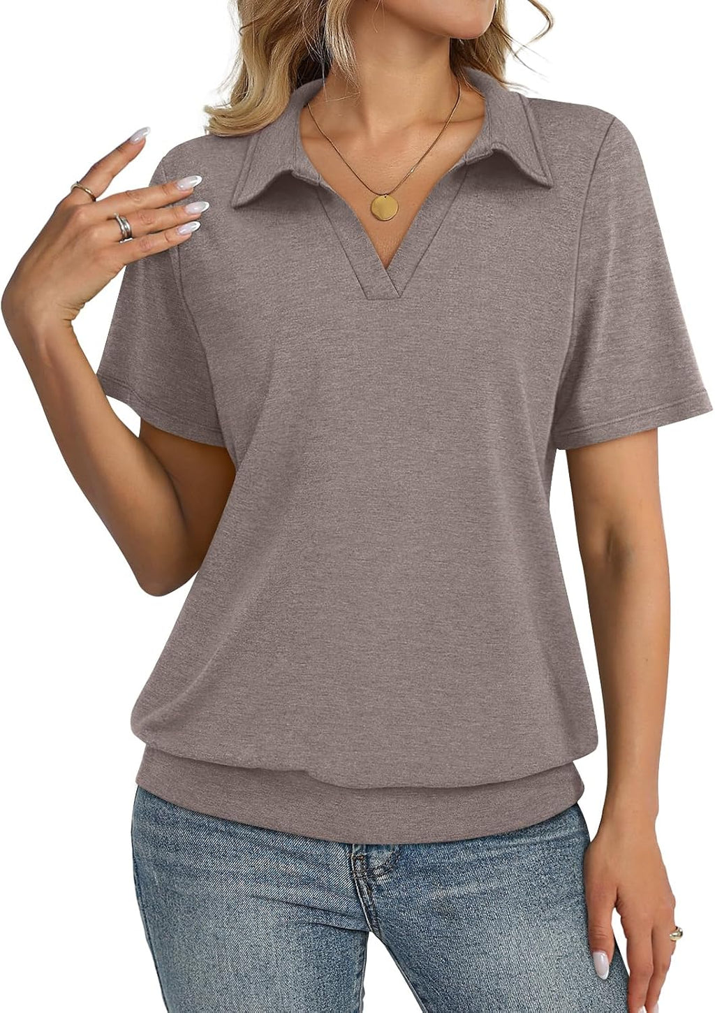 TICTICMISS Womens Polo Shirts Short Sleeve Banded Bottom Tops Business