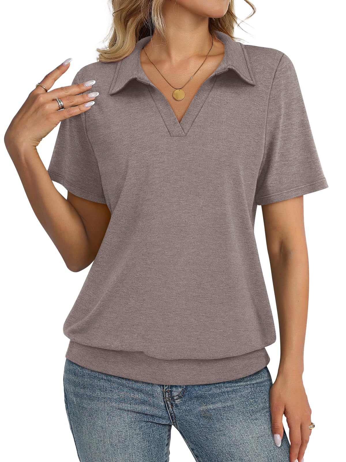 TICTICMISS Womens Polo Shirts Short Sleeve Banded Bottom Tops Business