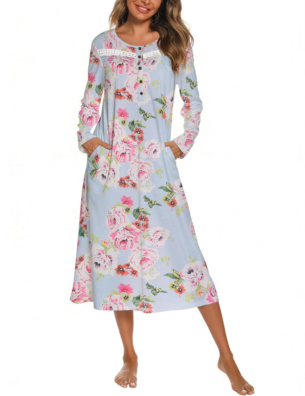 YOZLY Nightgowns for Women Soft Cotton Long Sleeve Night Gwon with Pockets
