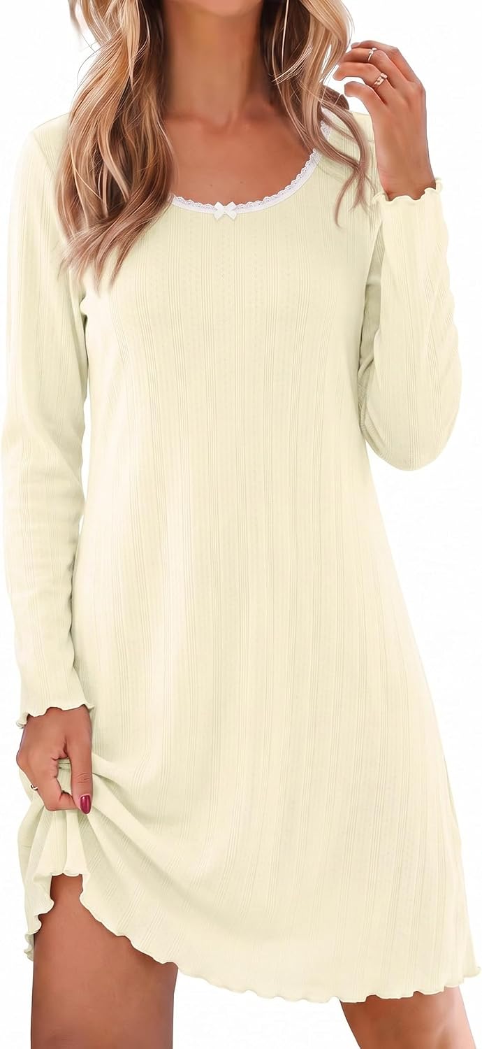 Ekouaer Women's Long Sleeve Nightgown Soft Ribbed Sleep Dress Night Shirt