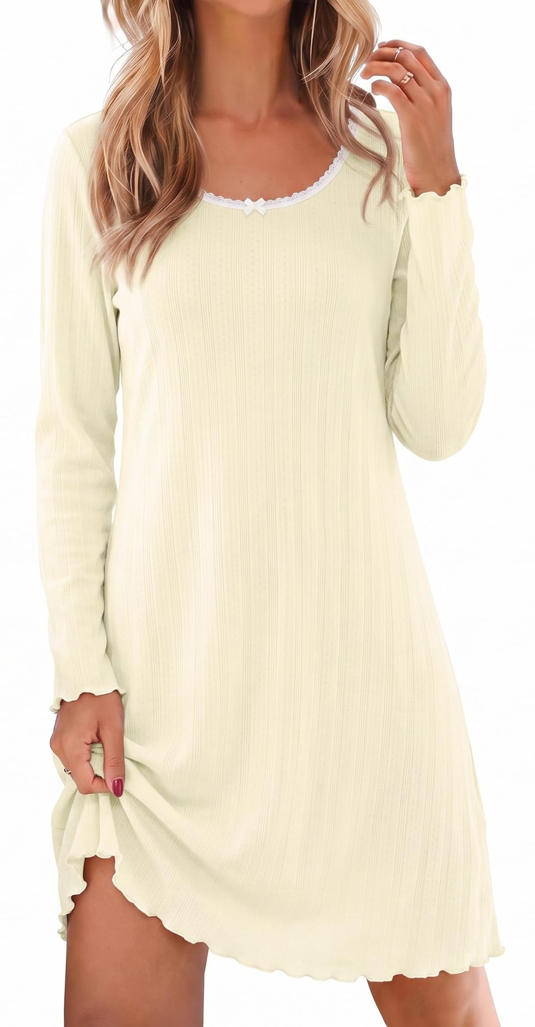 Ekouaer Women's Long Sleeve Nightgown Soft Ribbed Sleep Dress Night Shirt