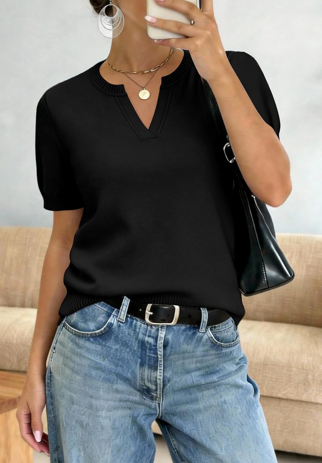 WIHOLL Short Sleeve Sweater Tops 2026 Spring Summer Trendy Knit Business Casual Essential V Neck Sweaters