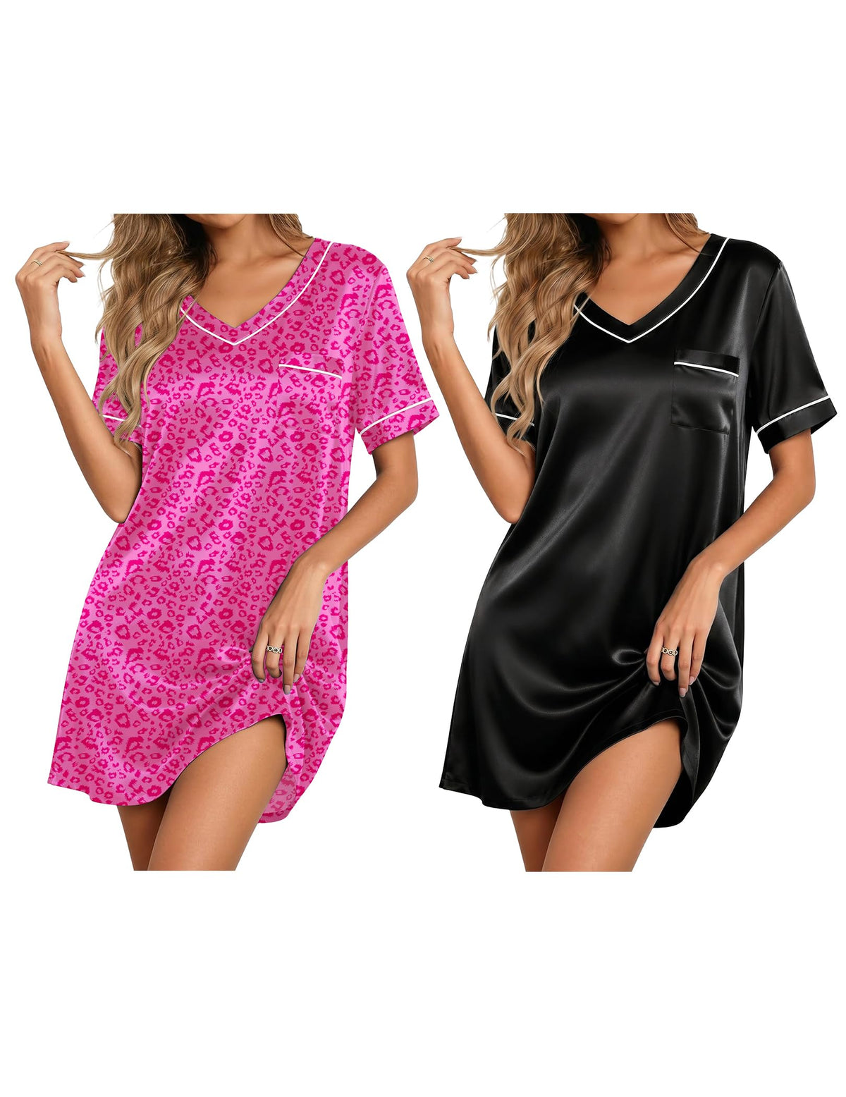 Ekouaer 2 Pack Nightgowns for Women Satin Short Sleeve V Neck House Dress