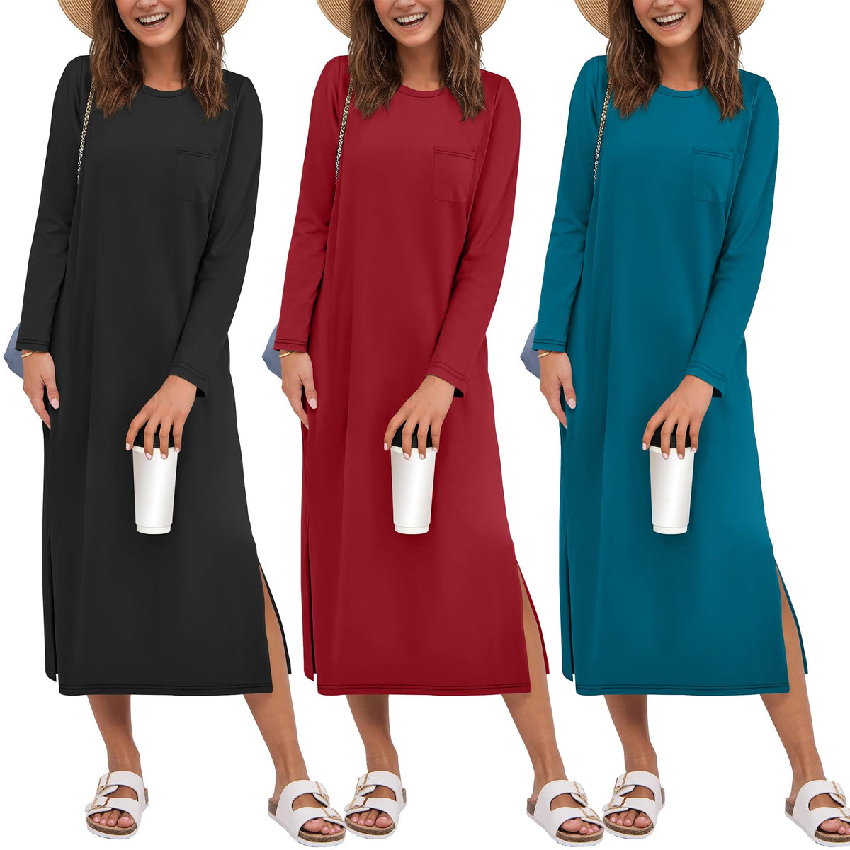 Ekouaer 3 Pack Long Sleeve Full Length Chest Pocket Nightgowns for Women