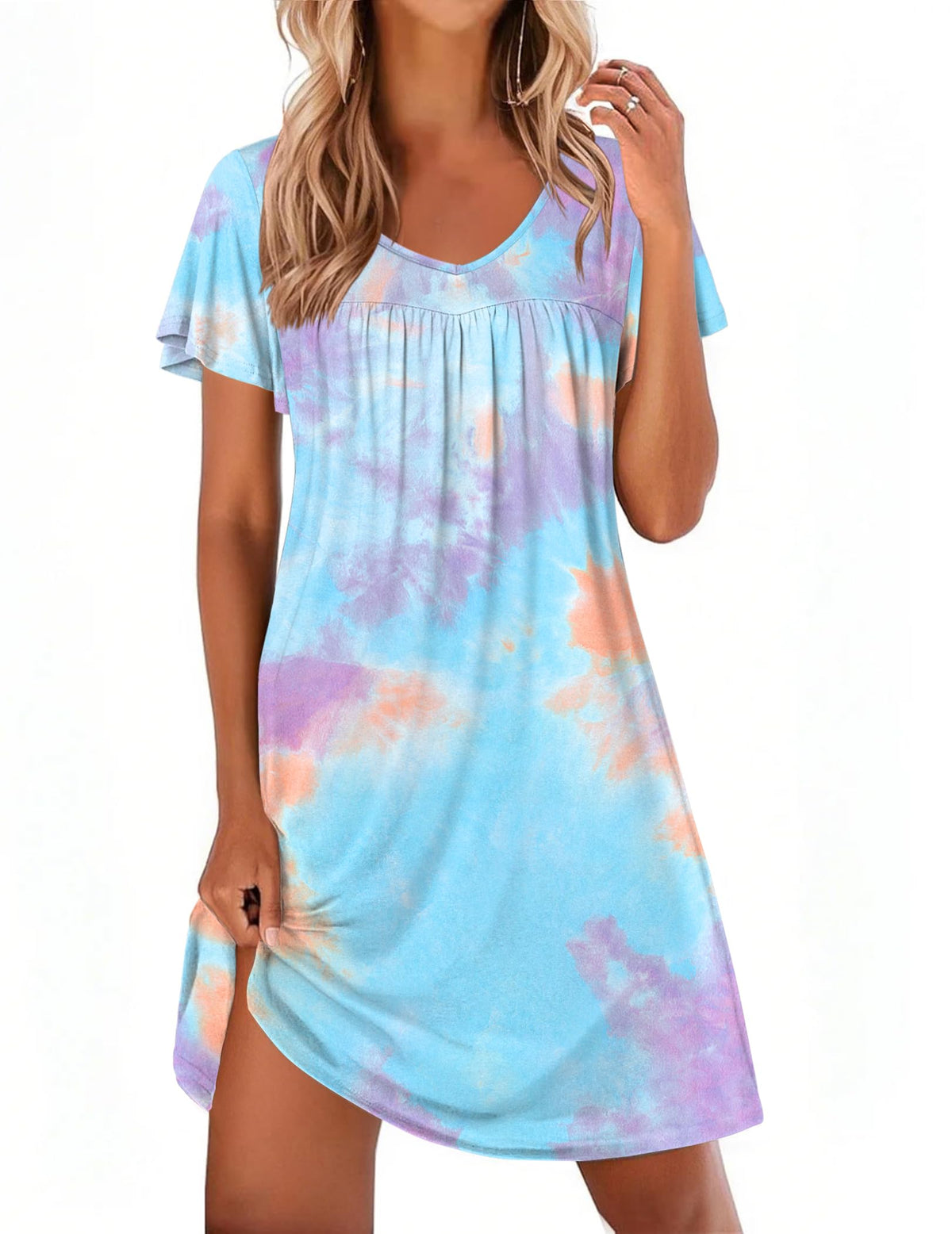 Ekouaer Nightgowns for Women Short Sleeve House Dress Pleated Night Gown