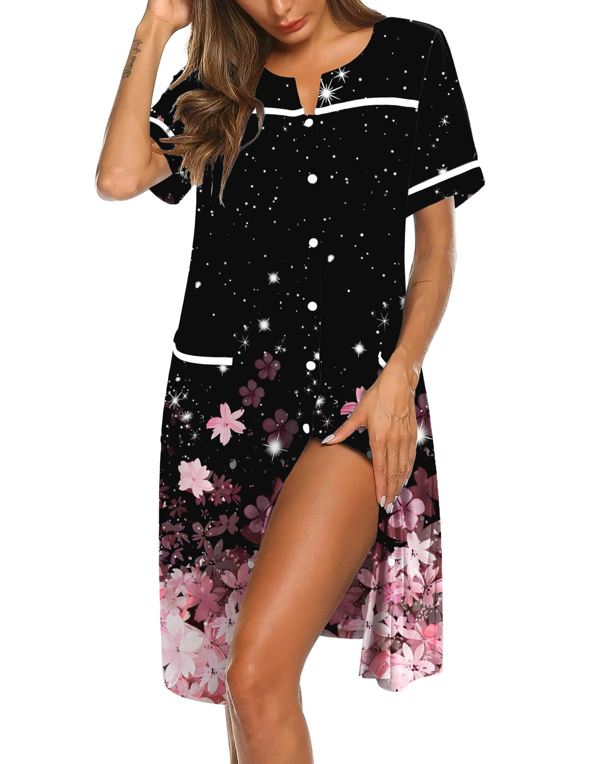 Ekouaer Nightgowns for Women House Dress with Pockets Button Down Sleepshirt Short Sleeve Nightshirt Housecoat
